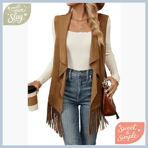 Faux Suede Fringe Vest Sleeveless Open Front Western Boho Outwear